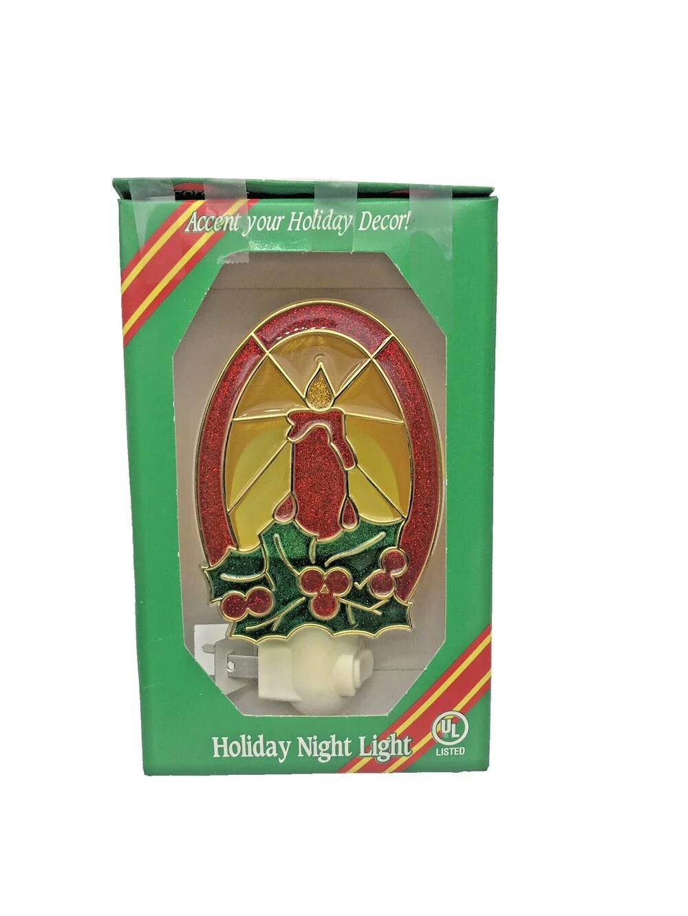 Vintage Christmas Night Light Stained Glass Candle Holly Decoration Glow Taiwan